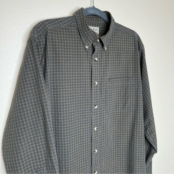 LL Bean Plaid Check Button Down Green Tan Blue Long Sleeve Shirt Men Medium - Picture 2 of 13